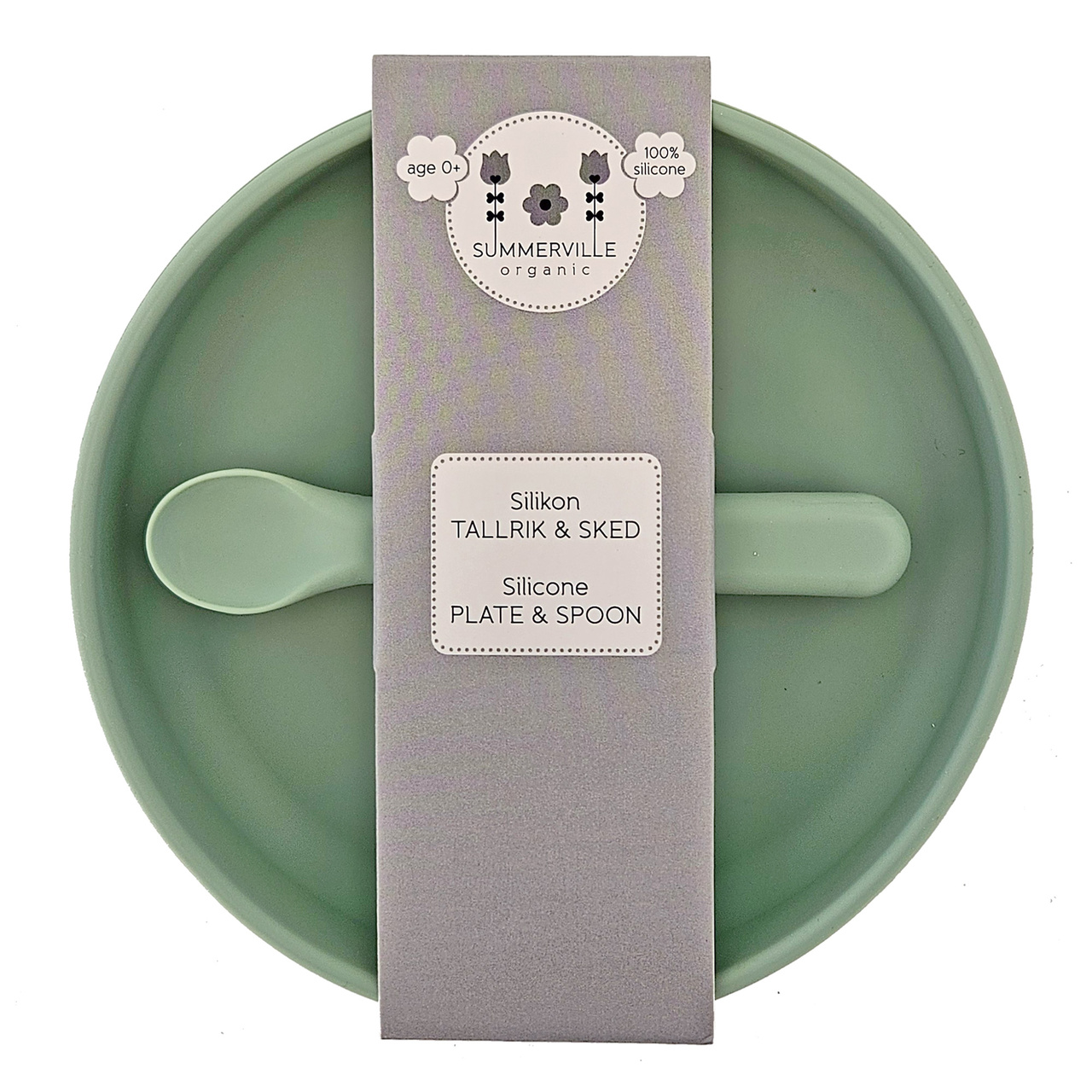Tallrik och sked silikon cameo green