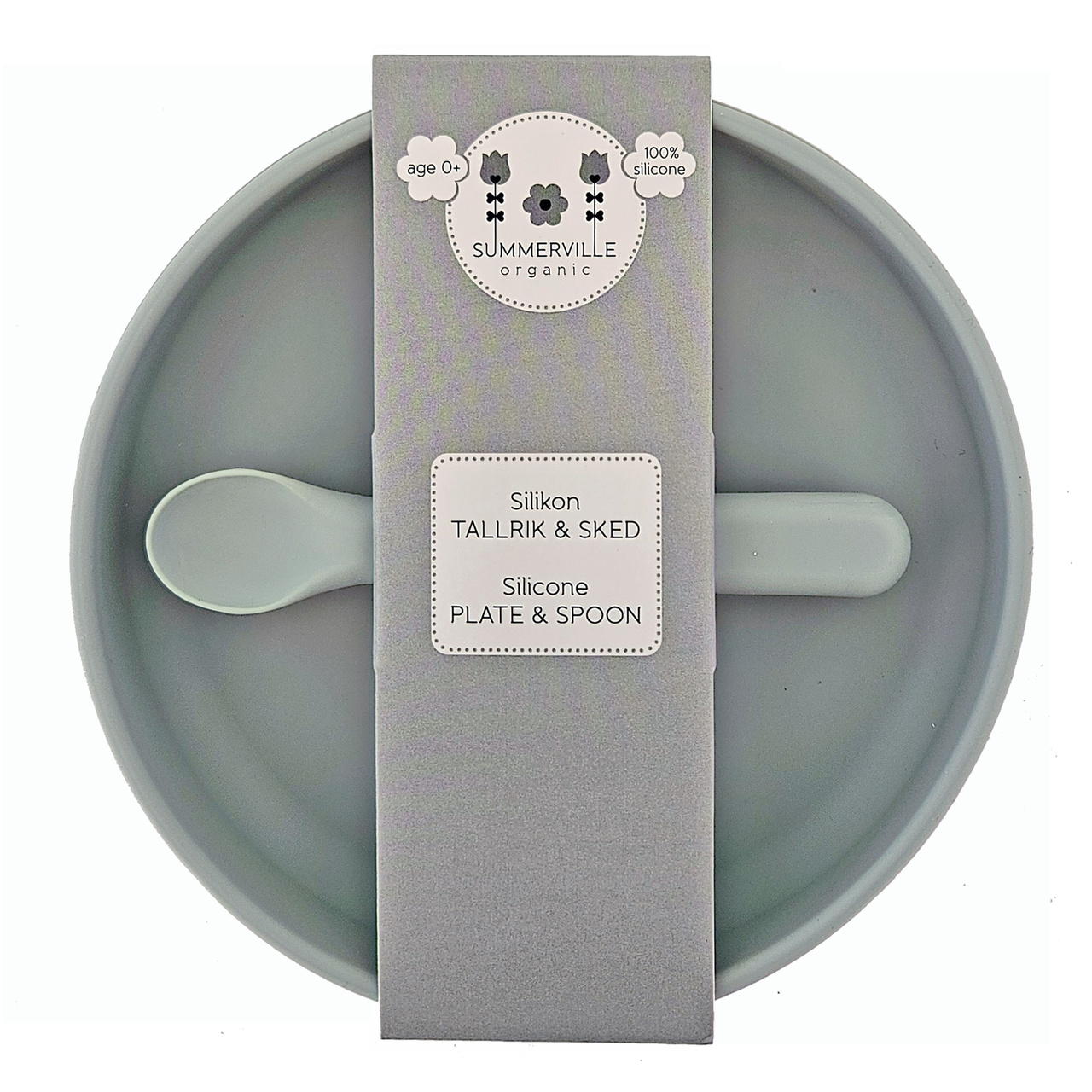 Tallrik och sked silikon silver grey