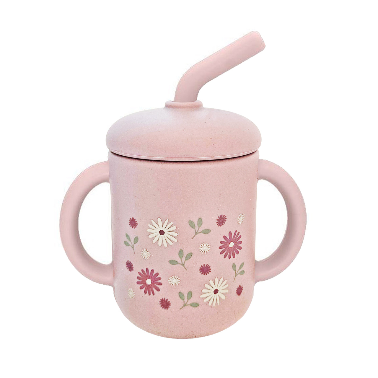 Cup with straw silicone pale mauve flowers